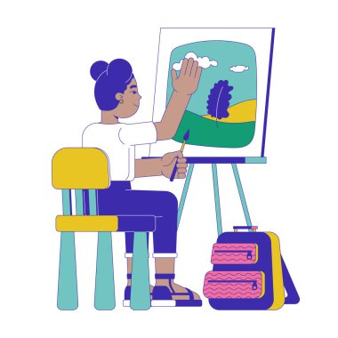 Genç kız tuvali 2D manzara karikatürü çiziyor. Easel Sanat Okulu. El kaldırma. Siyahi okullu sanatçı, beyaz arka planda düz bir vektör buldu. Benek illüstrasyonu renkli