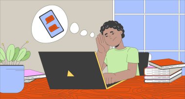 Düz dizüstü bilgisayarlı resimde sohbet etmeyi düşünen Afrikalı Amerikalı bir çocuk. Okul çocuğu sıkıcı bir ödev yapıyor. 2D karakter çizgi film geçmişi. Eğitim çevrimiçi sorunları sahne vektörü hikaye anlatımı resmi