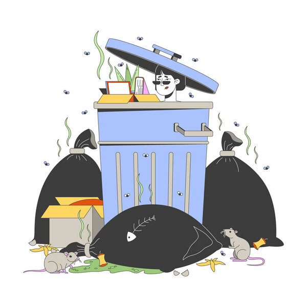 Расстроенная азиатка, сидящая в мусорном контейнере с плоской иллюстрацией. Японская женщина чувствует себя бесполезным 2D символ изолирован на белом фоне. Проблемы с психическим здоровьем