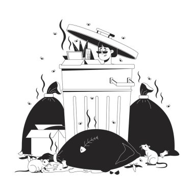 Atık konteynır karikatüründe oturan üzgün Asyalı kadın siyah-beyaz çizgi çizimi. Japon kadın kendini işe yaramaz hissediyor. 2D doğrusal karakter izole edildi. Zihinsel sağlık monokrom vektör özet resmi