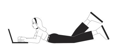 Kafkasyalı rahat bir kadın dizüstü bilgisayarda siyah-beyaz 2D çizgi karakteri yazıyor. Çevrimiçi servis. Evden izole edilmiş vektör hatlarıyla çalışan serbest çalışan bir kadın. Monokromatik nokta çizimi