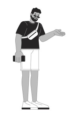Siyah-beyaz telefon tutan yaz turisti siyah-beyaz çizgi film karakteri. Sıradan giyinen Afrikalı Amerikalı adam vektör hatlarını izole etti. El monokromatik düz nokta illüstrasyonunu tavsiye et