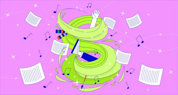 stock vector Person pulled into vortex of musical sounds 2D linear illustration concept. Composer drowning in harmonical sounds rhythm cartoon scene background. Inspiration metaphor abstract flat vector graphic