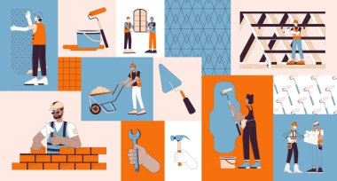Çeşitli müteahhitler bento grid çizim seti. İnsana 2D vektör kolaj tasarımı grafik koleksiyonu giydirir. Yenileme inşaat işçileri düz karakterler moodboard düzeni