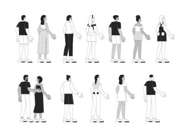 Arka planda duran çok kültürlü yetişkinler siyah-beyaz çizgi film karakterleri seti. Yazlık kıyafet turistleri insanları izole ediyor. Günlük kıyafet monokromatik düz nokta çizimleri