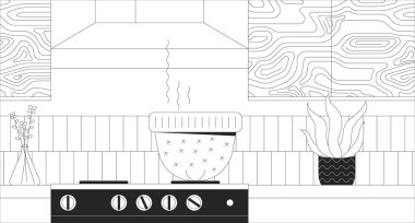 Ocağın üzerinde örülmüş şapkayla çorba pişirmek. Mutfak 2D iç döşeme monokrom arka planında kapak şeklinde tencere. Gıda hazırlama süreci sahne vektör görüntüsünü özetliyor