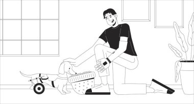 Disabled asian man feeding wheelchaired dog from hat black and white line illustration. Korean male with prosthetic arm pet owner 2D character monochrome background. Home outline scene vector image clipart