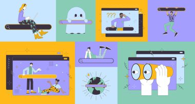 Dünya çapında internet arama bento ızgara illüstrasyon seti. Çevrimiçi 2D vektör resim kolajı grafik koleksiyonunda sörf yapmak. Çok uluslu insanlar internette düz karakterlerin moodboard düzenine göz atıyorlar