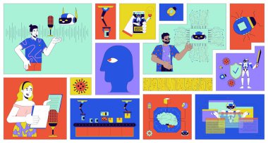 Yapay zeka teknolojileri insanlar ızgara çizimi setini bento olarak kullanıyor. İnovasyonlar 2D vektör resim kolajı grafik koleksiyonu. Seslendirme sanatçısı, yapay zeka mühendisleri düz karakterler kartonpiyer düzeni