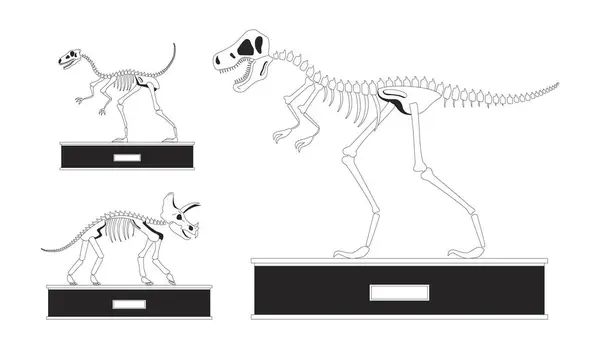 stock vector Fossil dinosaurs exhibition black and white 2D line cartoon objects set. Dino bones skeletons isolated vector outline items collection. Museum exhibits monochromatic flat spot illustrations