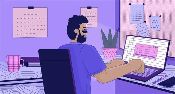 stock vector Working from home office lofi wallpaper. Typing freelancer african american man at laptop 2D cartoon flat illustration. Corporate job late night chill vector art, lo fi aesthetic colorful background