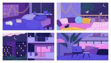 Cozy apartment at night 2D cartoon background set. Comfortable home interior nighttime colorful aesthetic vector illustrations, nobody. Warm hygge evening flat wallpaper art, lofi images collection clipart