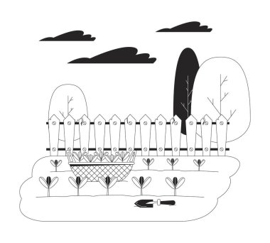 Sepet ve kürek mutfak bahçesinde siyah-beyaz düz çizgi çizimi. Yiyecek üretimi için büyüyen bitkiler 2D hat sanatı sahnesi izole edildi. Çiftlik hayatı tek renkli vektör ana hatlı görüntü