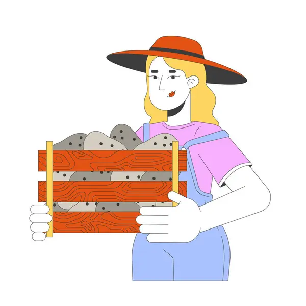 Stock vector European female holding heavy crate with potatoes 2D cartoon character. Caucasian woman farmer isolated flat vector person white background. Vegetable crop harvesting color spot illustration