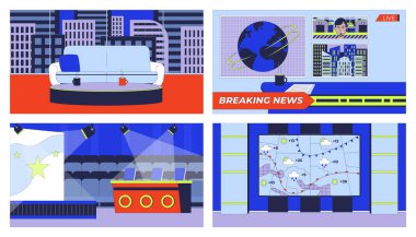 Farklı televizyon stüdyoları çizgi film düz çizimler seti. Yayın programları 2D iç mekan rengarenk. Kanallar TV yapım sahneleri vektör hikaye anlatma resimleri koleksiyonu