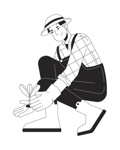 Korean male planting seedling 2D cartoon character. Asian man farmer holding young sprout isolated flat vector person white background. Agricultural vegetable field color spot illustration