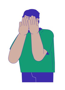Arap adam gözlerini kapatıyor. 2D karikatür karakteri depresyonda. Orta Doğulu adam, düz vektörlü beyaz arka planda saklanıyor. Yüz yapıcı. Utanç verici bir reaksiyon noktası çizimi