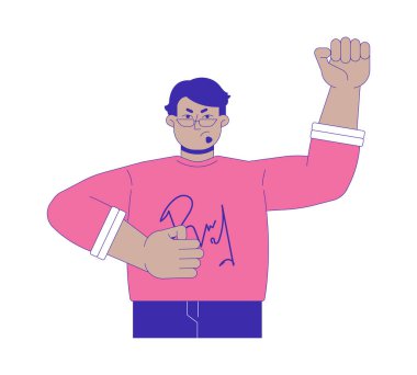 Yumruk, Ortadoğulu erkek aktivist 2D çizgi film karakteri yetiştirdi. Arap protestocu el pompası izole edilmiş düz vektör kişi beyaz arka plan. Devrim belirleme renk çizelgesi