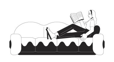 Rahat Avrupalı kadın kanepe üzerine kitap okuyor. Siyah-beyaz 2D çizgi film karakteri. Beyaz kadın izole edilmiş vektör hatlarını gevşetiyor. Lo fi yaşam tarzı tek renkli düz nokta çizimi