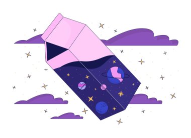 Gece gökyüzünde kozmik süt 2D doğrusal çizim konsepti. Soyut rüya. Lo fi vibe fantezi karikatür sahnesi beyazda izole. Kutu metaforunda dış uzay görünümü soyut düz vektör ana hatları grafiği