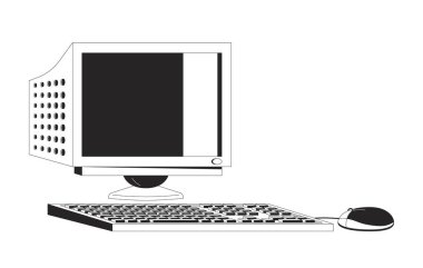 Siyah beyaz 2B çizgi nesneli klasik bilgisayar. Eski bilgisayar çalışma istasyonu. Elektronik cihaz vektör ana hatlarını izole etti. Retro teknolojisi monokromatik düz nokta çizimi