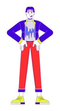 İktidardaki şık Koreli adam 2D çizgi film karakteri pozu veriyor. Asyalı genç adamın elleri kalçada izole edilmiş çizgi taşıyıcısı beyaz arka planda. Moda etkili renk düz nokta illüstrasyonuName