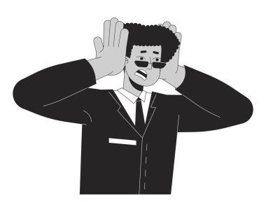 Kafası siyah-beyaz 2D çizgi film karakteri olan korkmuş Latin Amerikalı adam. İspanyol erkek menajer izole edilmiş vektör taslağı kişisini şok etti. Panik atak tek renkli düz nokta çizimi