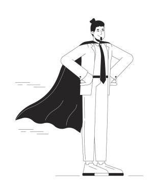 Ofis kahramanı siyah beyaz çizgi film düz çizim. Başarılı bir kariyer. 2D pelerinli beyaz erkek, soyutlanmış. Liderlik geliştirme monokrom sahne vektörü ana hatları