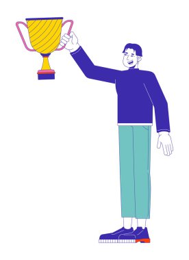 Gülümseyen Asyalı adam 2D çizgi film karakterini gösteriyor. Koreli erkek galibiyeti kutluyor izole edilmiş hat vektörü beyaz arka plan. Liderlik başarısı renk düz nokta illüstrasyonu