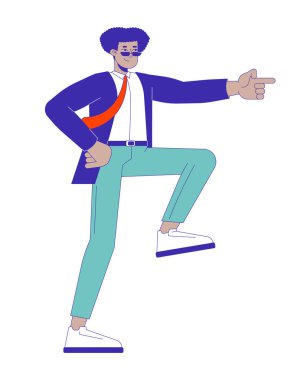 Kendine güvenen Latin Amerikalı adam 2D çizgisel çizgi film karakteri gösteriyor. İspanyol işadamı, izole edilmiş hat vektörü beyaz arkaplanı seçiyor. Liderlik rengi düz nokta illüstrasyonu