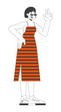 V hareketi 2D çizgisel çizgi film karakteri olan neşeli Asyalı kadın. Mutlu Japon kadın pozitif duygular gösteriyor izole edilmiş çizgi taşıyıcısı beyaz arka plan. Eğlenceli bir düz nokta çizimi yapıyorum.