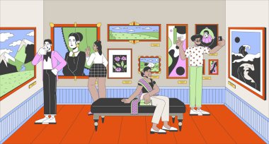 Sanat galerisi ziyaretçileri karikatür düz çizim. Çok uluslu insanlar ünlü tabloların 2D çizgi karakterlerinin renklerinin tadını çıkarıyorlar. Sanat eserleri sahne vektör hikaye anlatımlı kalabalık bir müze