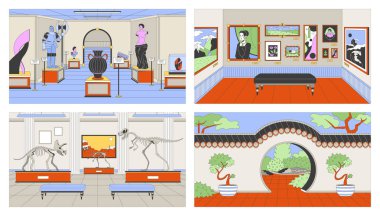 Müzeler, sanat galerileri çizgi film düz çizimler seti. Sergi resimleri 2D çizgi iç mimari renkli arkaplan koleksiyonu. Dinozor iskeletleri, tarihi sahneler, vektör anlatımı görüntüleri sergiler