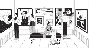 Sanat galerisi ziyaretçileri siyah-beyaz çizgiler çiziyor. Çok uluslu insanlar ünlü resimlerin tadını çıkarıyorlar. 2D karakterler tek renkli arka plan. Sanat eserleri ana hatlı kalabalık müze sahne vektör görüntüsü