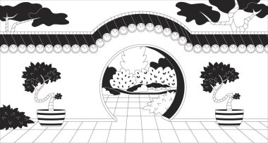 Çin bahçe kapısı siyah beyaz çizgi çizimi. Çin 'de geleneksel mimari kemer 2D simge tek renkli arka plan. Yuvarlak giriş. Turist cazibesi sahne vektör görüntüsünü özetliyor