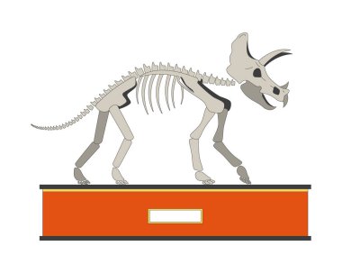 Triceratops sergisi 2D doğrusal çizgi film nesnesi. İzole edilmiş çizgi vektör elementi beyaz arkaplanda dinozor iskeleti. Fosil sergisi. Paleontoloji müzesinin düz nokta çizimi