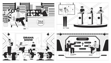 Entertainment TV shows black and white line illustrations set. Interview, drama, game show. Hosts participants 2D characters monochrome backgrounds. Programs outline scenes vector images collection clipart