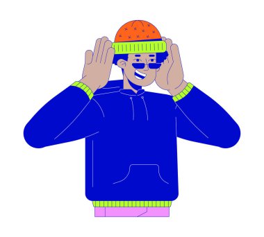 Sıcak şapkalı mutlu Latin adam 2D çizgi film karakteri. İspanyol adam uyarı şapkası takıyor izole hat vektörü beyaz arka plan. Sıradan moda kıyafetleri düz nokta çizimi