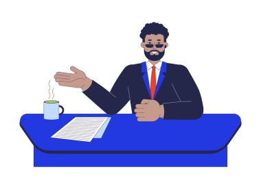 Afro-Amerikan haber spikeri 2D çizgi film karakteri konuşuyor. Elinde gazete kupasıyla masada oturan siyah spiker beyaz arka planda yassı vektörü izole etti. Benek illüstrasyonu renkli