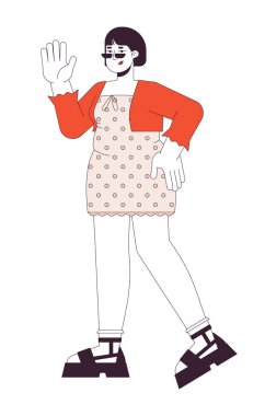 Şık giyinmiş kıvrımlı Asyalı kadın 2D çizgi film karakteri. Artı, el sallayan Koreli kadın izole edilmiş çizgi taşıyıcısı beyaz arka plan. Vücut pozitif renk düz nokta çizimi