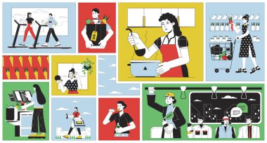 İnsanlar günlük aktivitelerini bento ızgara illüstrasyon seti ile yapıyorlar. Yemek pişirme, alışveriş, 2D vektör resim kolajı grafik koleksiyonu alıştırması. Kafkasyalı yetişkinler düz karakterli kartonpiyer düzeni