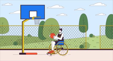 Disabled basketball player man cartoon flat illustration. Wheelchaired caucasian male on sports ground 2D line character colorful background. Active lifestyle scene vector storytelling image clipart