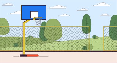 Basketball court cartoon flat illustration. Team ball game. Urban sportsground with equipment 2D line landscape colorful background. City park with sports field scene vector storytelling image clipart