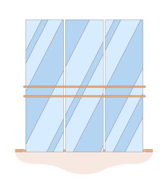 Aynalı çizgi çizgi film düz resimli dans stüdyosu. Duvarın yanındaki parmaklıklı oda. Beyaz arka planda izole edilmiş 2D çizgi nesneleri. Bale sınıfı iç sahne vektör rengi