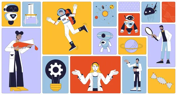 stock vector Robotics lab research bento grid illustration set. Researchers uniform 2D vector image collage design graphics collection. Robot, spaceman. Diverse doctors scientists flat characters moodboard layout