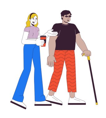 Çeşitli arkadaşlar 2D çizgisel çizgi film karakterleri gibi birlikte yürüyorlar. Körlüğü olan Arap bir adam ve beyaz bir kadın izole edilmiş hat vektörleri beyaz arka plan. İçerme rengi düz nokta illüstrasyonu