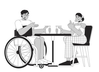 Wheelchaired arab man with friend in cafe black and white 2D line cartoon characters. Disabled male and hindu woman isolated vector outline people. Diversity monochromatic flat spot illustration clipart