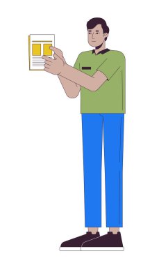 Hintli adam 2D çizgi film karakteri gösteriyor. Belgeleri olan Güney Asyalı erkek ofis çalışanı izole edilmiş hat vektörü beyaz arka plan. Kağıt denetimi rengi düz nokta çizimi