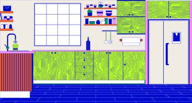 Minimalist mobilya çizgi filmi düz resimli rahat bir mutfak. Ev yapımı 2D hatlı yemek pişirme yeri. Renkli bir arka plan. Yurtiçi yaşam tarzı sahne vektör hikaye anlatımı