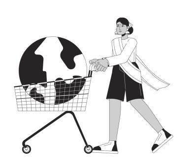 Indian woman pushing cart with earth globe black and white 2D illustration concept. Hindu female overconsumption cartoon outline character isolated on white. Buy world metaphor monochrome vector art clipart